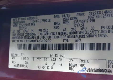 2015 Ford Escape Se from USA, damaged, VIN 1FMCU9G90FUC19290